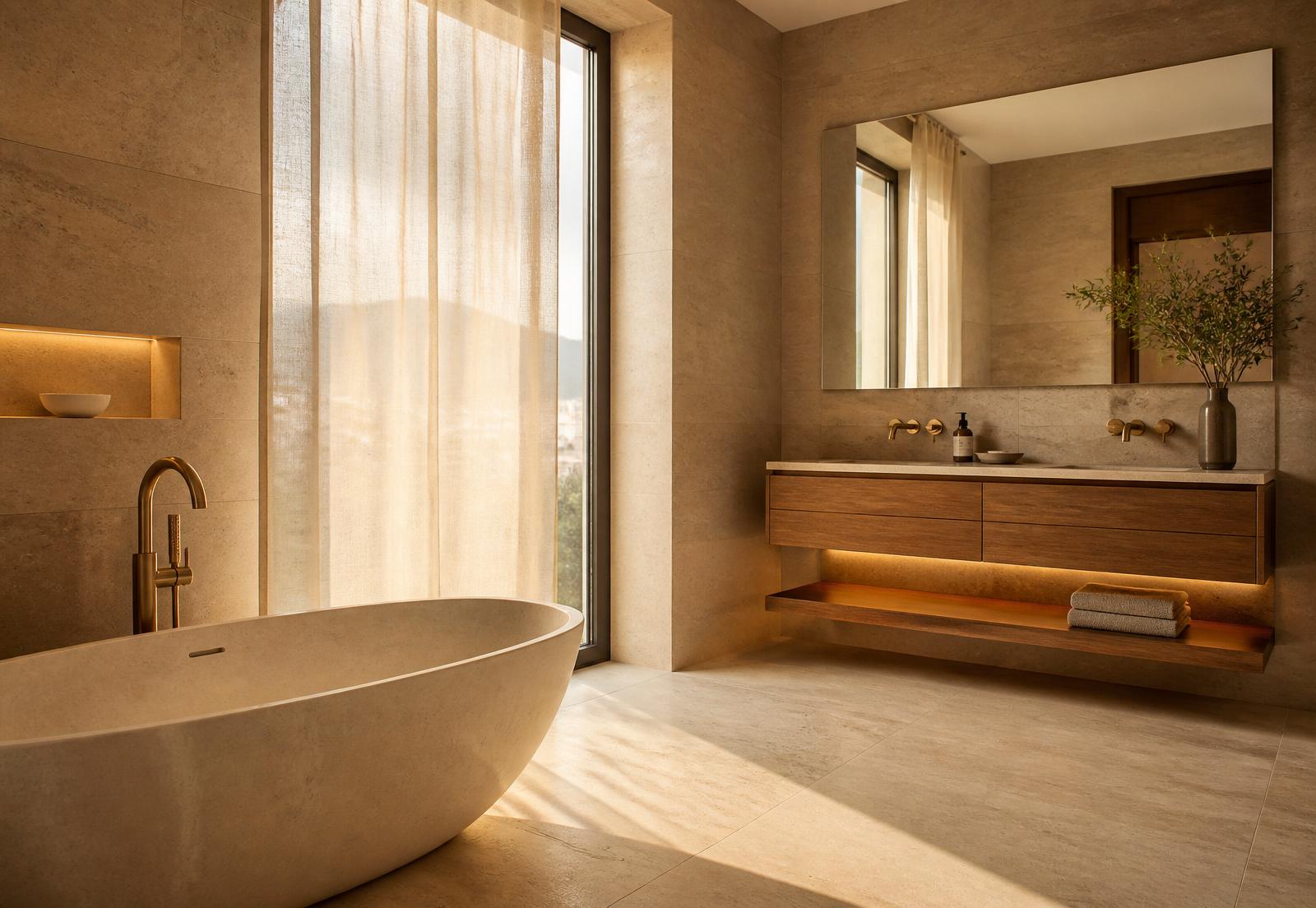 Bagno mediterraneo appena ristrutturato con luce naturale
